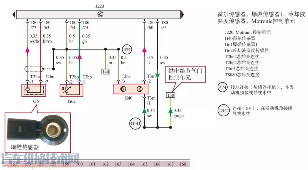 霍尔传感器/ 爆燃传感器/ 冷却液温度传感器电路的识读